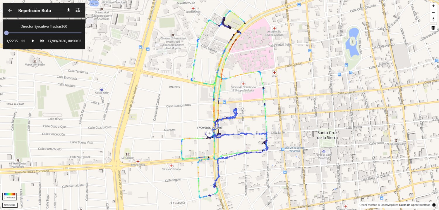 Captura real del historial de recorrido en TRACKAR360